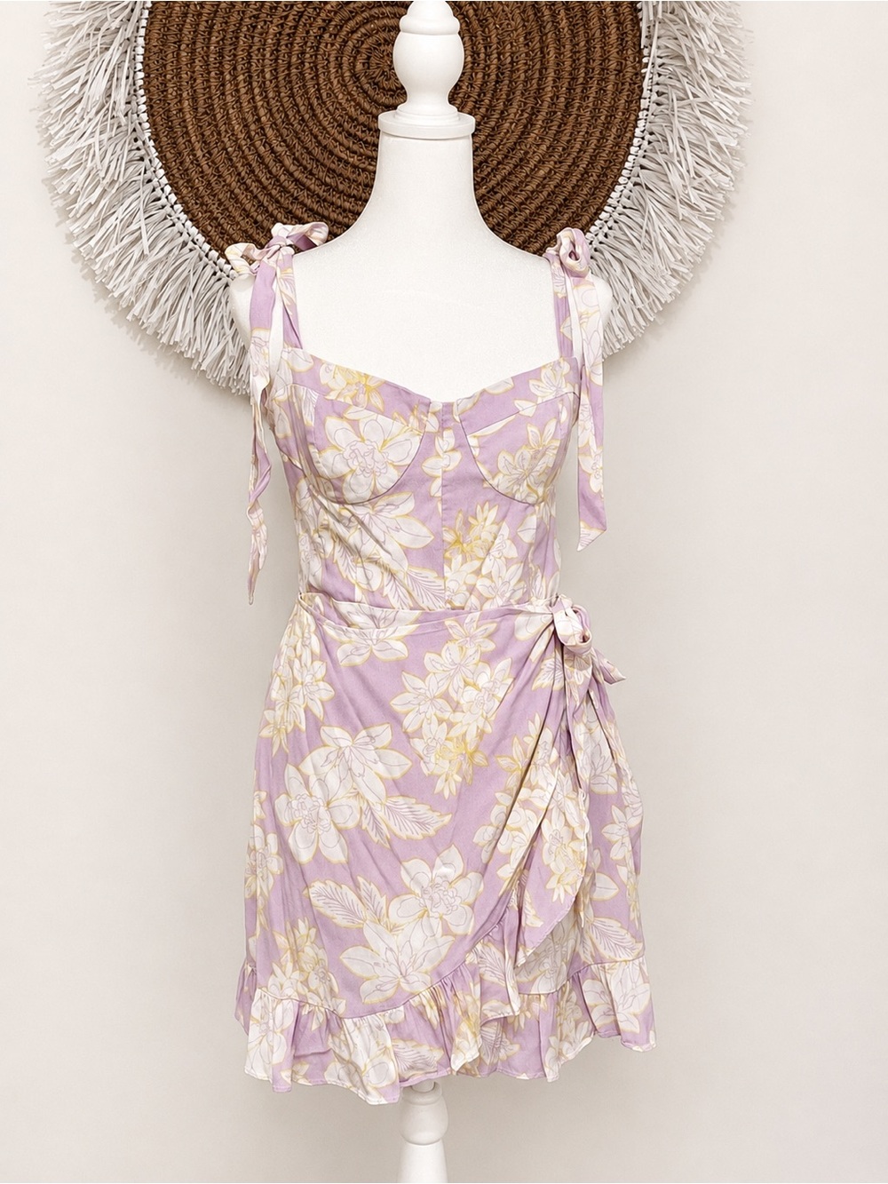 Wayf Floral Lilac Bustier Mini Wrap Dress